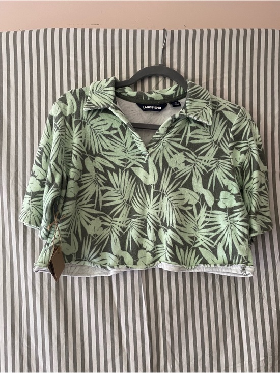 Lands' End Tops - Tropical Leaf Terry Polo Crop Top